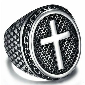 New Stainless Steel Mens Christian Cross Ring